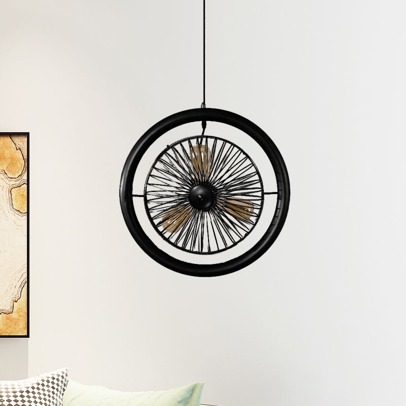 Brass/Black Finish Circle Cage Light Fixture Farmhouse Metal 3 Lights Kitchen Hanging Lamp with Fan Design