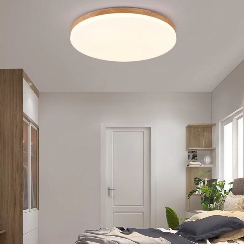 Modernism Single Beige Flush Mount Lighting Wooden Round LED Ceiling Light