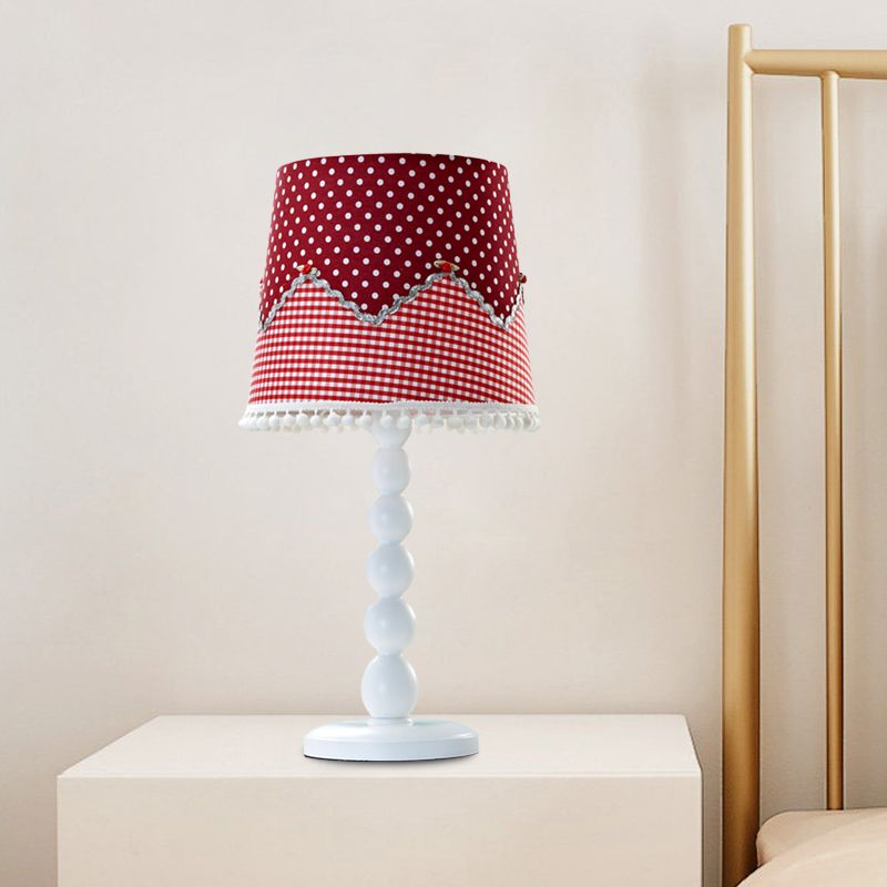 Modern Barrel Desk Lamp Wood 1 Head Red Table Light with Fabric Shade for Bedroom