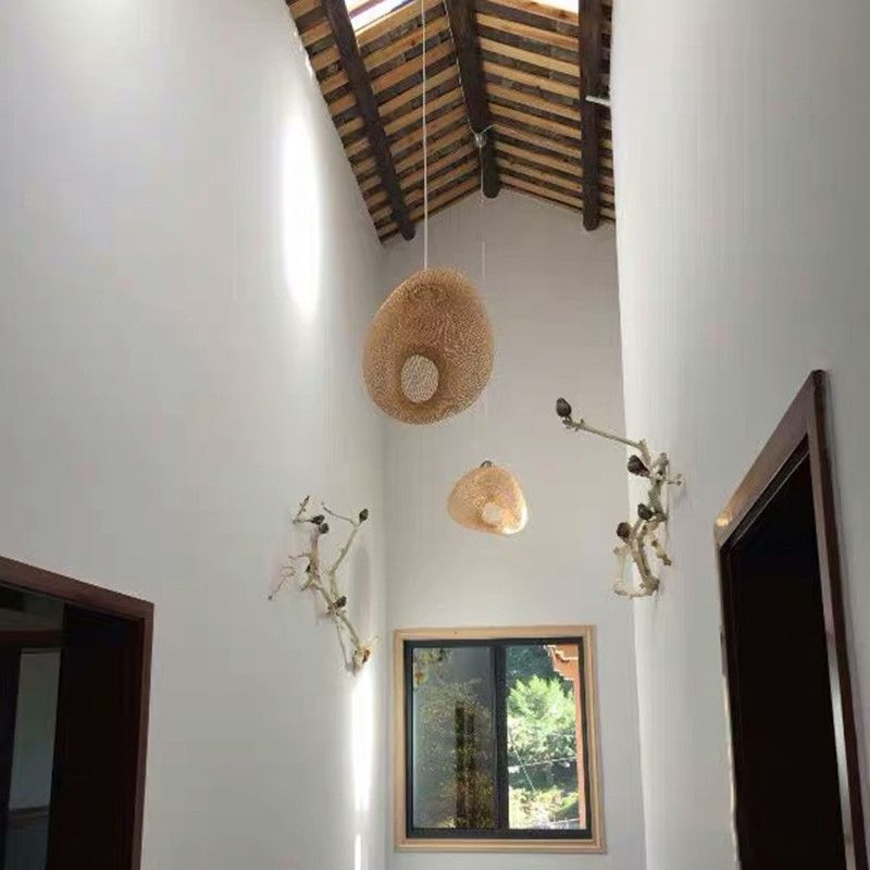 Beige Hand-Worked Pendant Chinese Style Single Light Bamboo Hanging Light for Dining Table