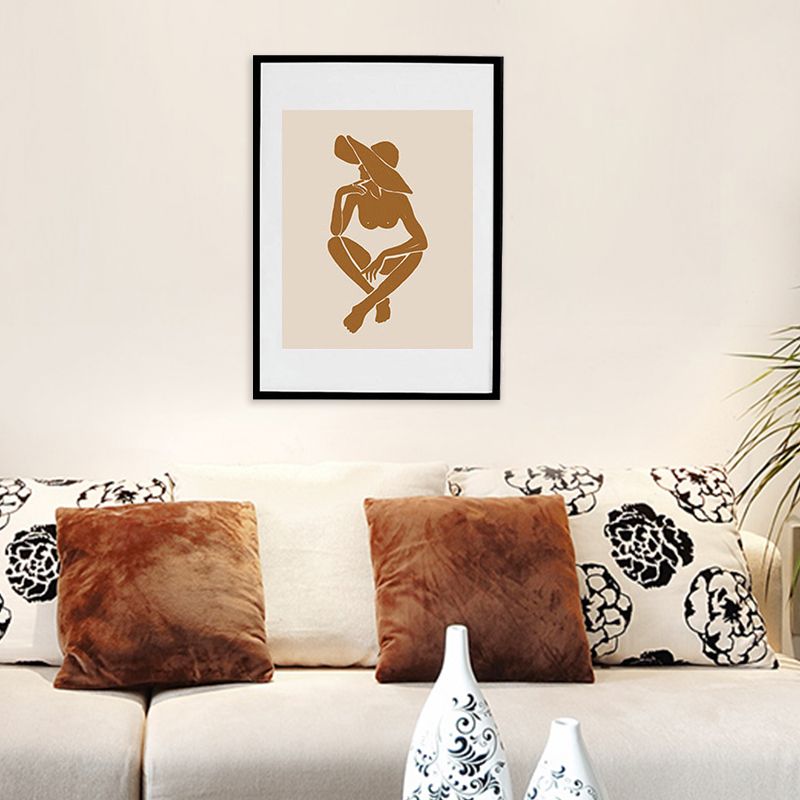 Woman with Floppy Hat Canvas Minimalist Stylish Fashion Drawing Wall Art in Brown