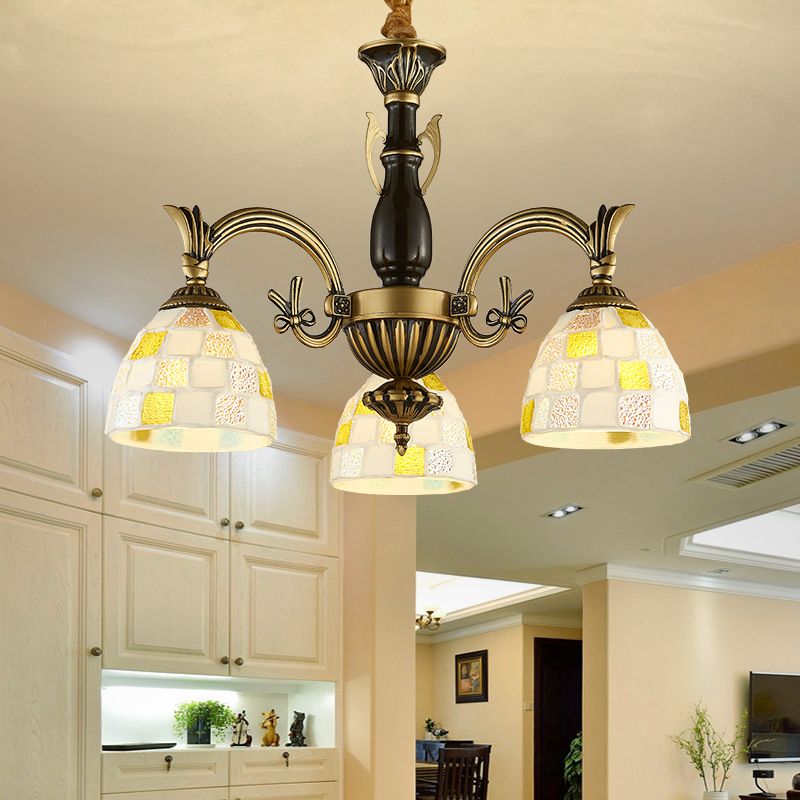Shell Dome Suspension Lamp with Curved Arm 3 Lights Traditional Pendant Light for Foyer