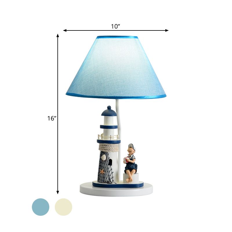 Boy/Girl and Lighthouse Table Light Cartoon Resin 1 Light White/Blue Night Stand Lamp with Tapered Shade