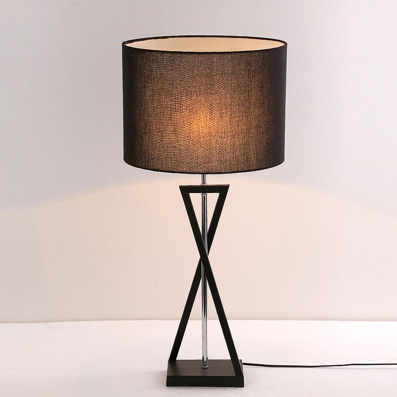 Black/White Drum Desk Lamp Traditional Fabric 1 Light Bedroom Reading Light with Square Base