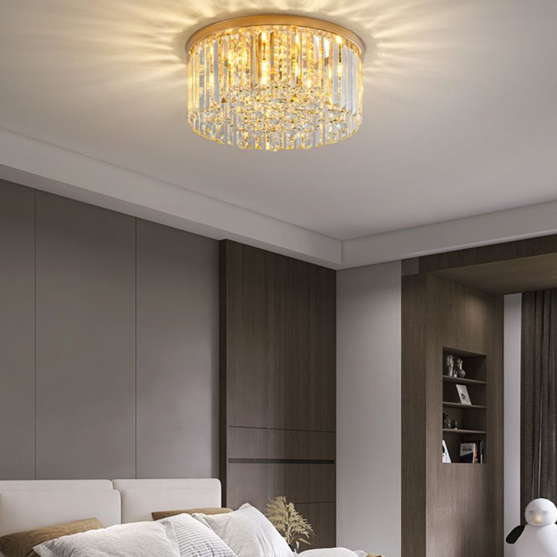 Contemporary Cylinder Flush Light Fixture Crystal 9 Light Flush Ceiling Light