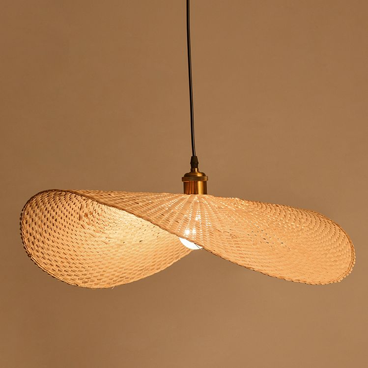 Beige Straw Hat Shape Hanging Lamp Kit Asian 1-Light Bamboo Ceiling Pendant Light for Dining Table