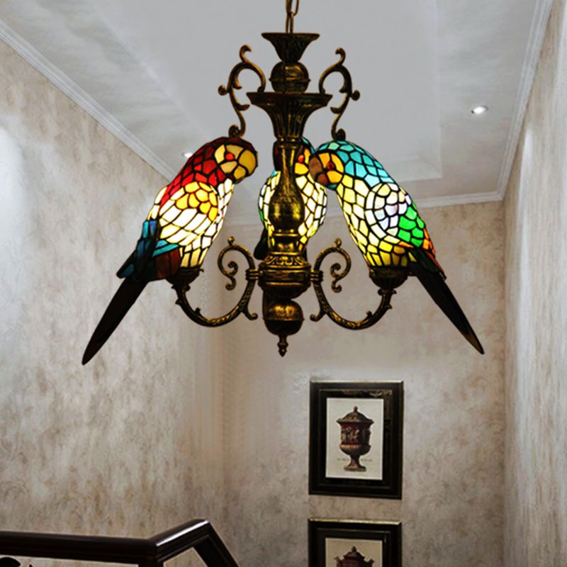 Wrought Iron Pendant Light in Tiffany Artistic Style Parrot Glass Ceiling Light for Corridor