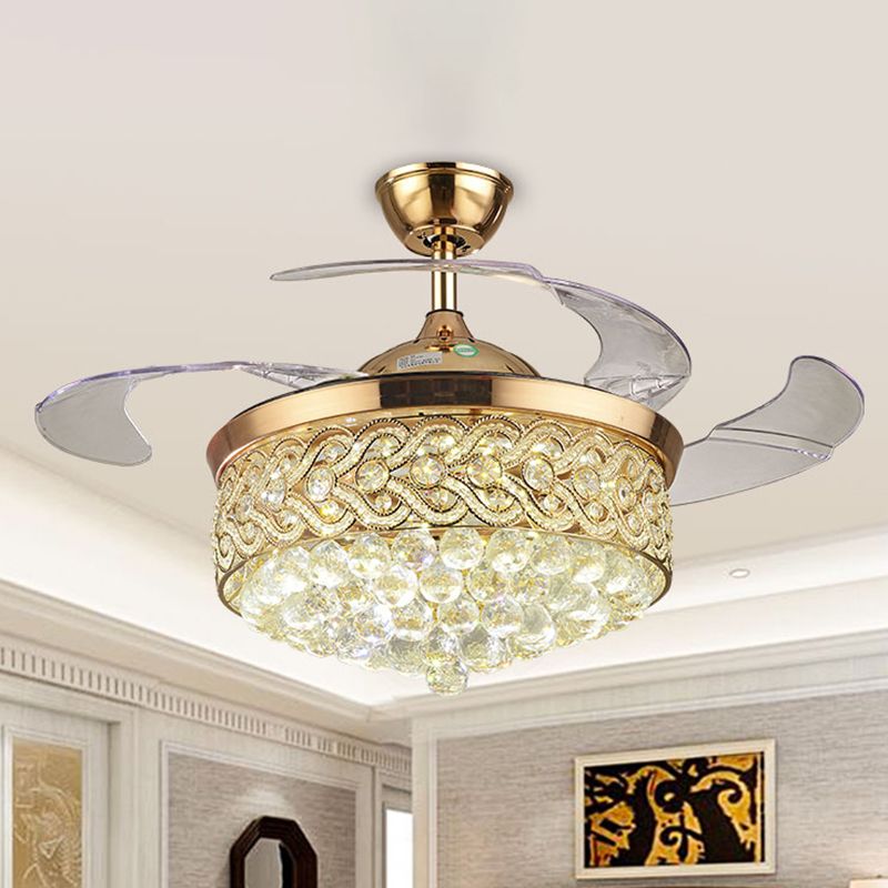 Chevron-Side Drum Crystal Fan Lighting Simple 26" Wide 3-Blade Living Room LED Semi Flush Mount in Gold