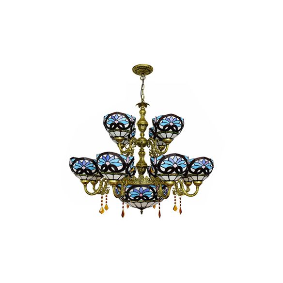 Rustic Bowl Inverted Chandelier Stained Glass 15 Heads Two-Tier Chandelier in Blue for Living Room