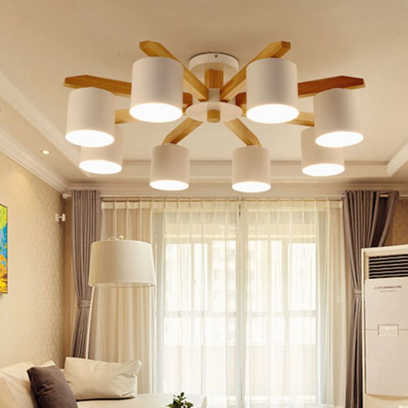 Modern Concise Macaron Semi Flush Mount Wooden Sputnik Ceiling Light with Wrought Iron Shade