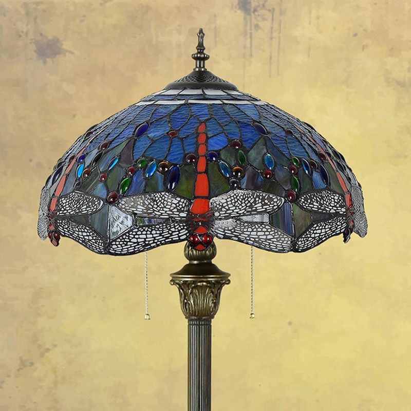 Dragonfly Bodenlicht 2 Köpfe befleckte Kunstglas Tiffany Stehlampe mit Pull -Kette in Blau