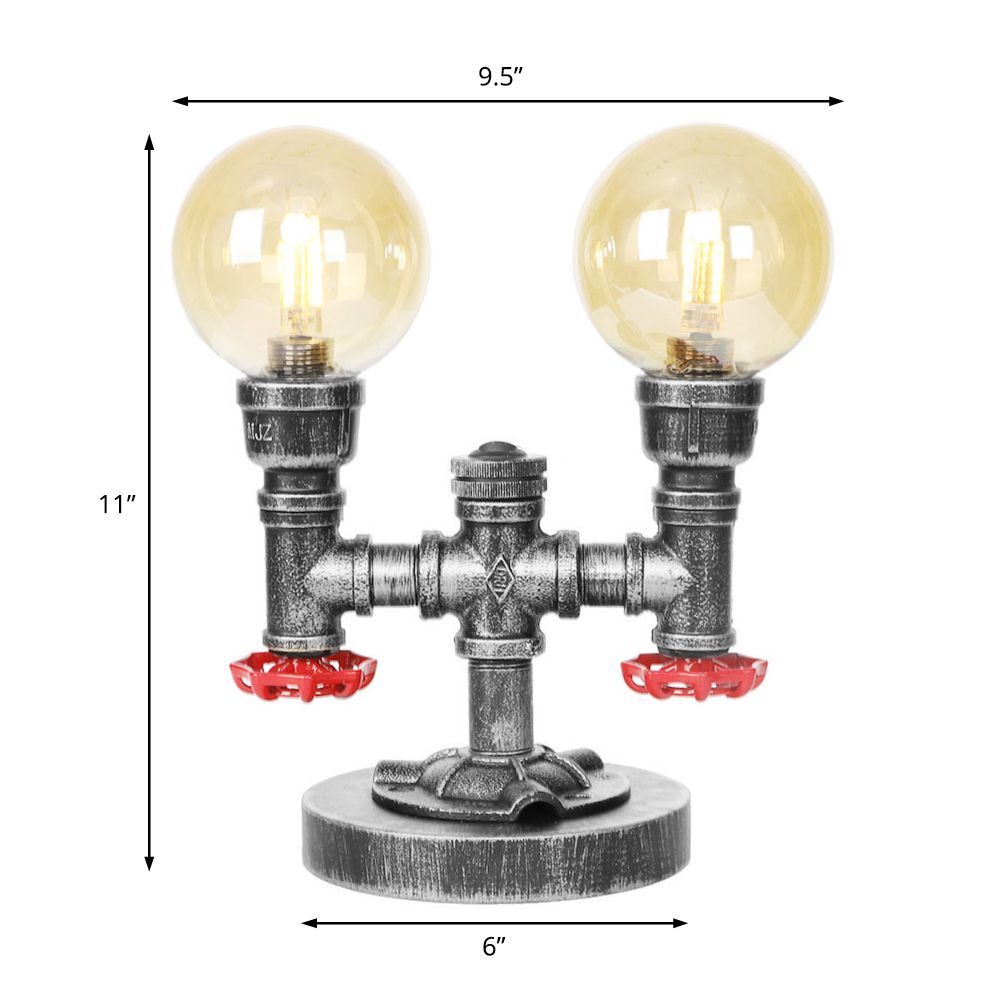 Industrial Round Shade Table Lamp 2 Lights Clear/Amber Glass Desk Light in Antique Silver with Base