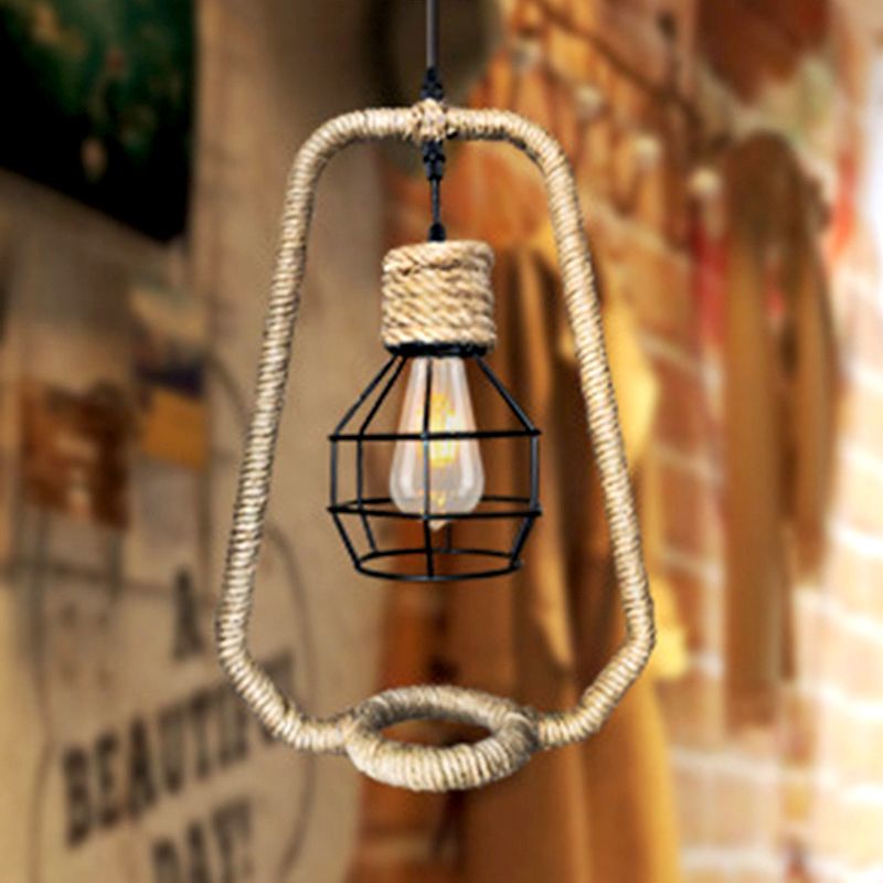 1 Light Hanging Ceiling Light with Globe Metal and Rope Shade Industrial Kitchen Pendant Lighting in Black