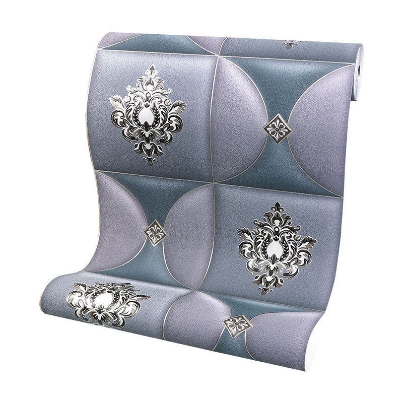 Damask Design Wall Art in Blue and Purple Flock Texture Wallpaper Roll, 33' by 20.5"