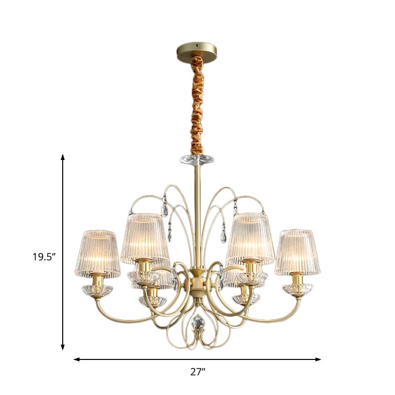 6/8/10 Lights Cone Chandelier Lamp Modern Clear Ribbed Glass Hanging Ceiling Light in Gold for Living Room