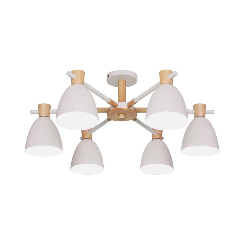 Nordic Bell Shaped Hanging Light Iron 6 Bulbs Living Room Chandelier in White with Wood Accent