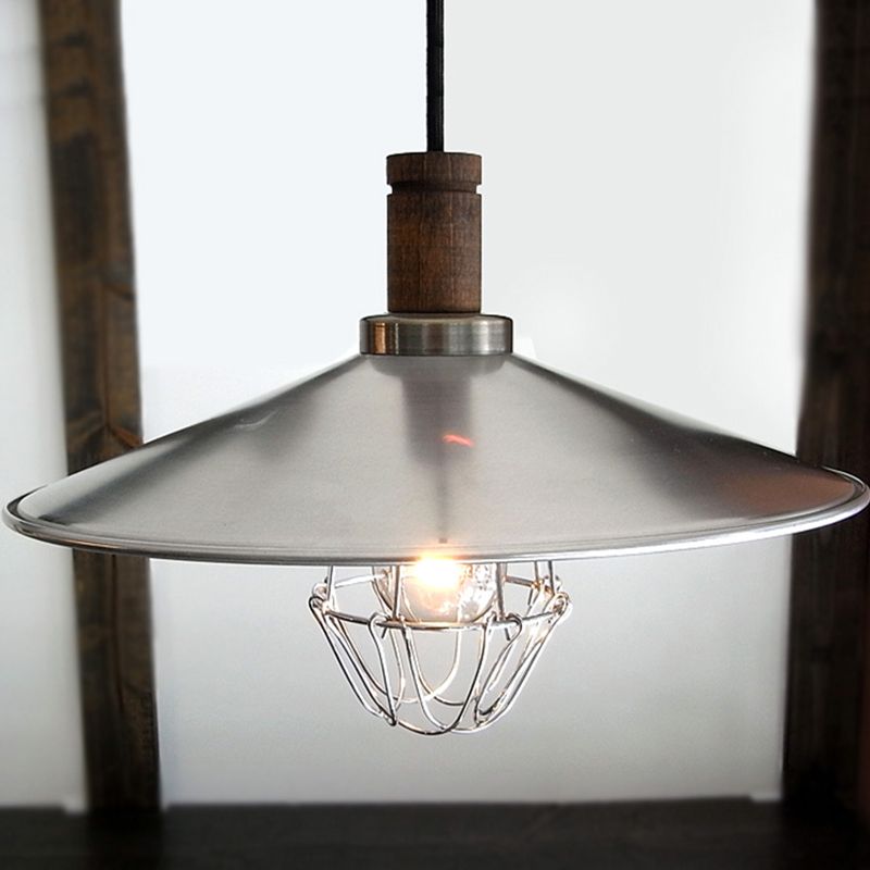 Éclairage pendentif argenté en aluminium Soucoupe volant 1-Light Farmhouse Plafond Suspension Lampe avec cage métallique et liège en bois