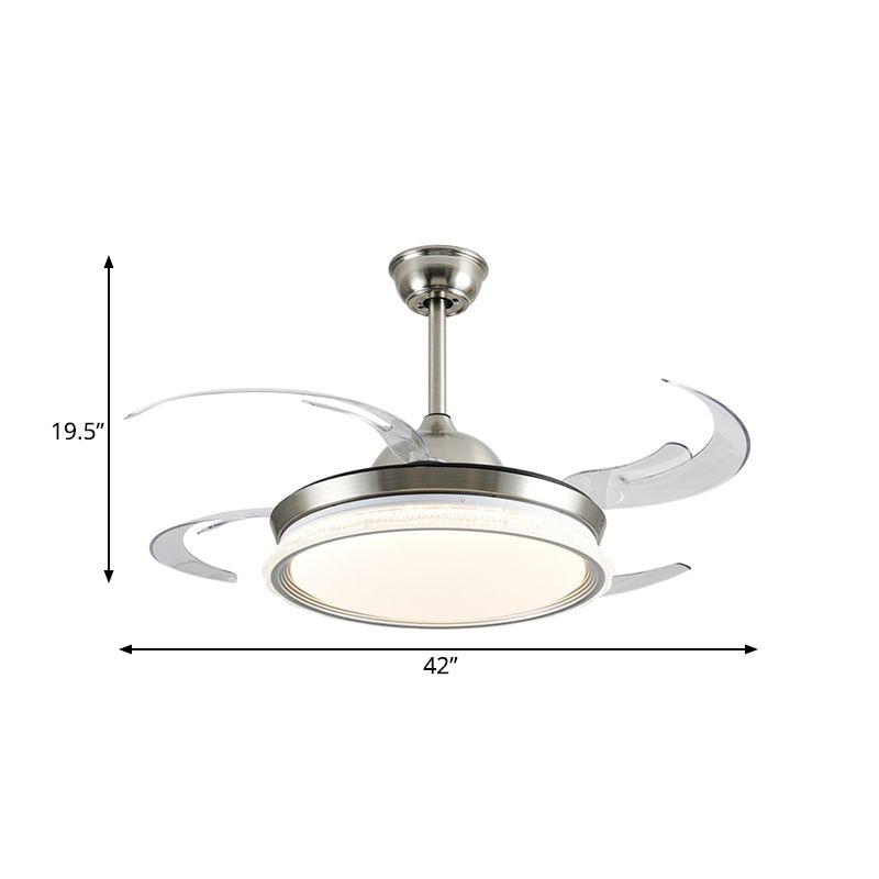 Acrylic Ring Ceiling Fan Lighting Contemporary LED Dining Room Semi Flush Mount Light in Silver with 4 Clear Blades, 42" W