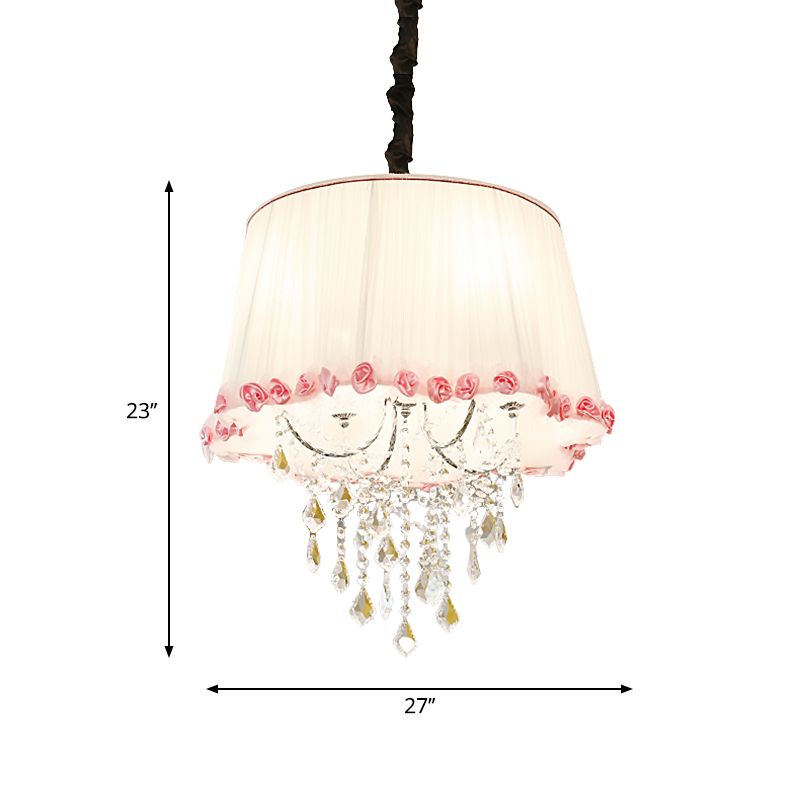 4 Lights Tapered Chandelier Lamp Modern Fabric Pendant Light with Clear Crystal Bead in White and Pink for Bedroom