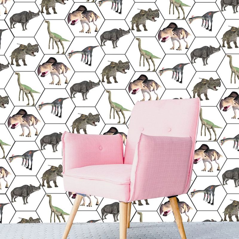 Kids Animal Print Wallpaper Panels Grey-White Dinosaur and Rhino Adhesive Wall Covering