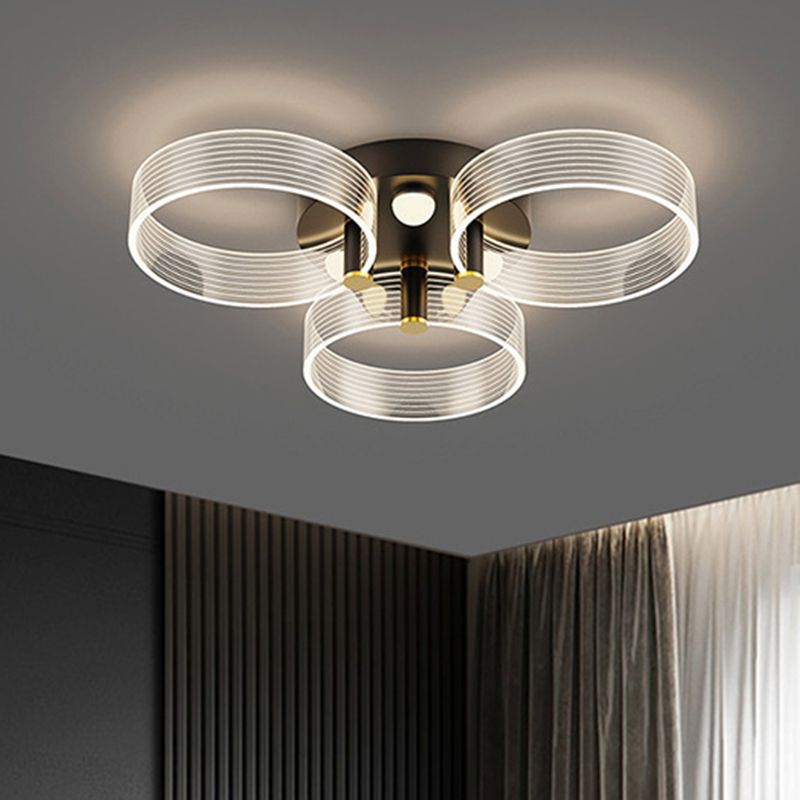 Acrylic Round Semi Mount Lighting Modern Black-Gold LED Ceiling Light with Flower Design