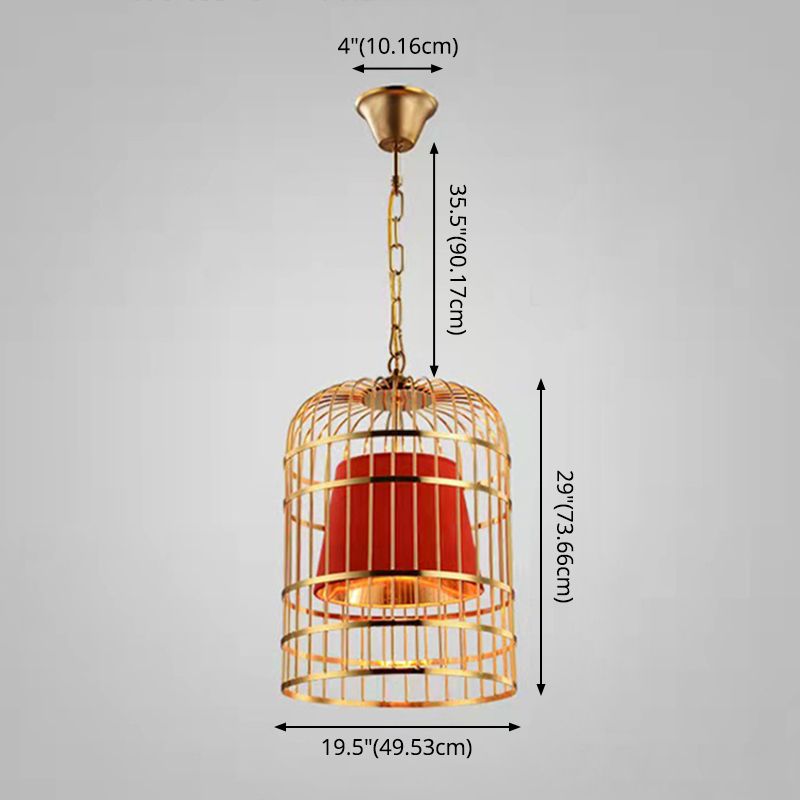 Gold Plated Birdcage Hanging Lamp Country Metal 1 Bulb Restaurant Ceiling Light with Cone Shade