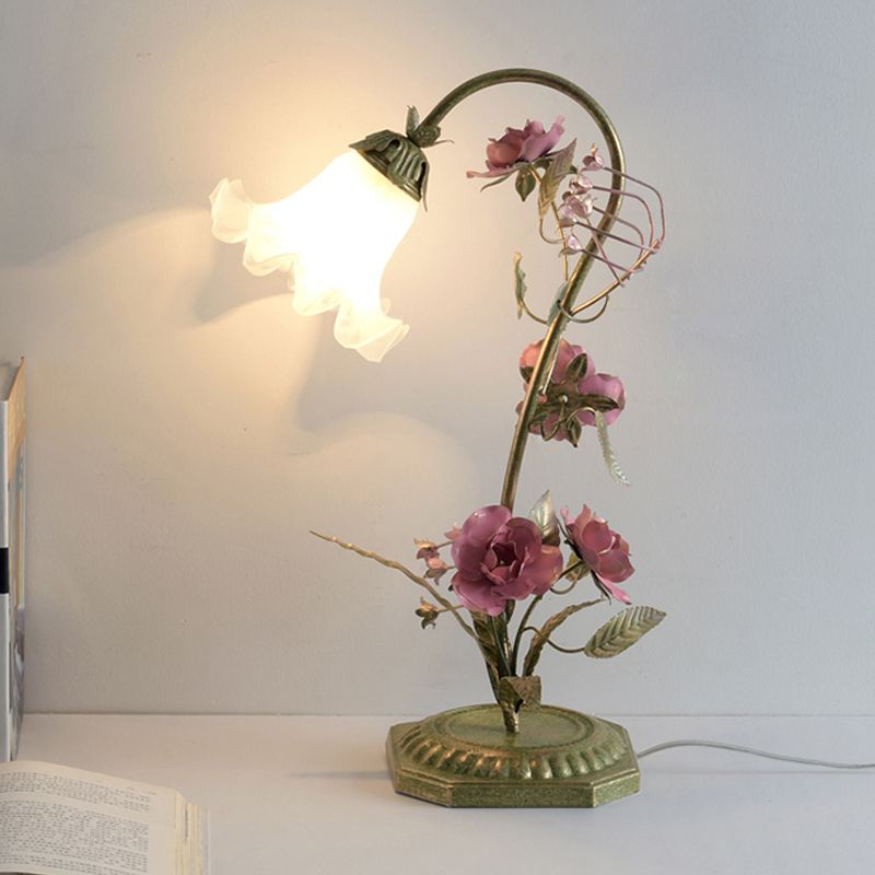 Frosted Milky Glass Ruffle Nightstand Lamp Pastoral Style 1-Light Bedroom Night Light with Green Arm and Flower Deco