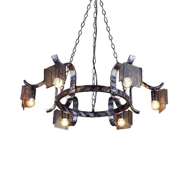 Iron Ring Hanging Light with Mesh Screen Six Heads Rustic Pendant Light in Antique Black for Bar