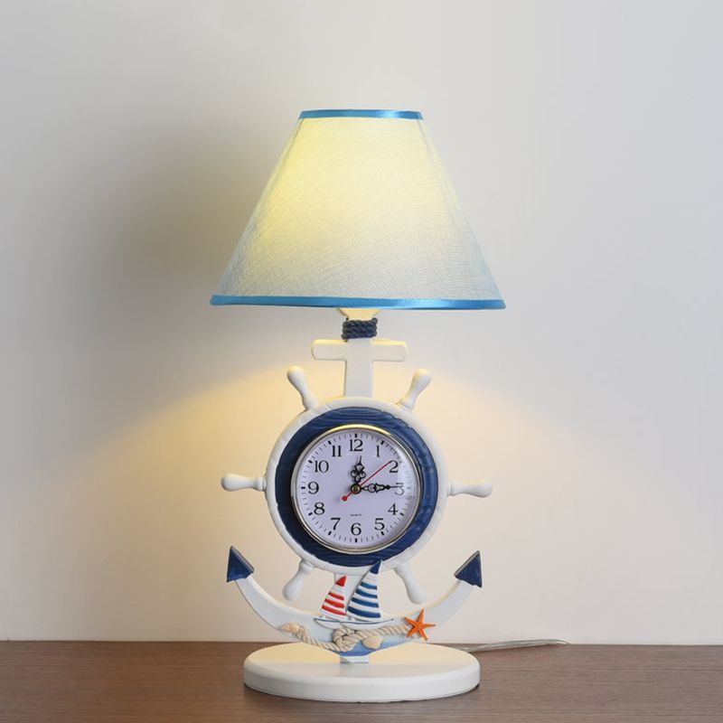 1 lampada da scrivania da camber di bulbo per bambini luce da tavolo blu con tonalità in tessuto conico e design dell'orologio