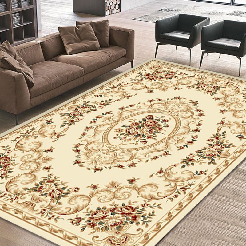 Blue and Beige Retro Rug Polyester Floral Pattern Area Rug Washable Pet Friendly Anti-Slip Backing Indoor Rug for Sitting Room