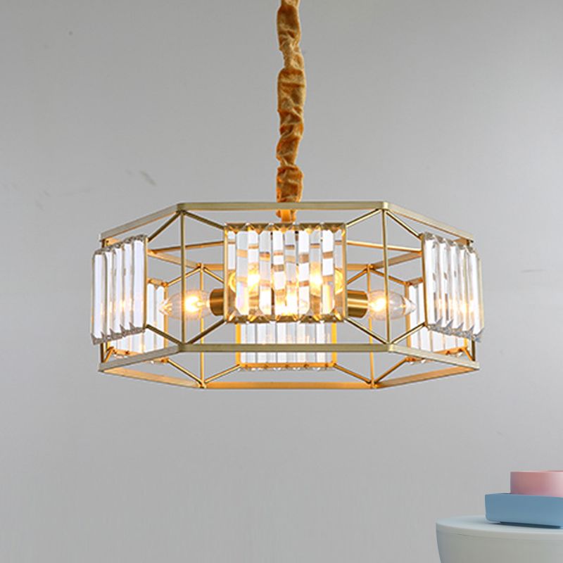 Hexagon Metal Frame Hanging Light Modern Crystal Block 3 Heads Gold Hanging Ceiling Light