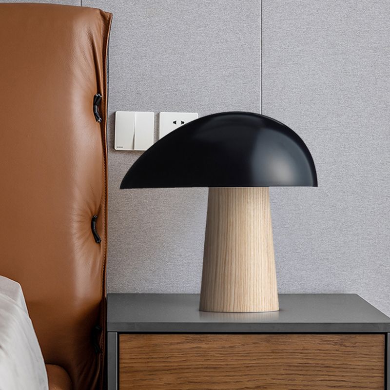 LED Shaded Nightstand Lamp Contemporary Metal Task Lighting in Black with Wood Base