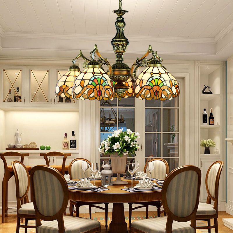 Éclairage de lustre victorien Dôme Verre tachée 5 lumières Éclairage intérieur pour table à manger