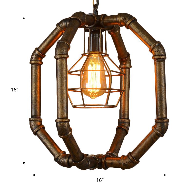 1 Bulb Metal Hanging Lamp Farmhouse Style Brass Water Pipe Restaurant Ceiling Fixture with Inner Dome Cage Shade