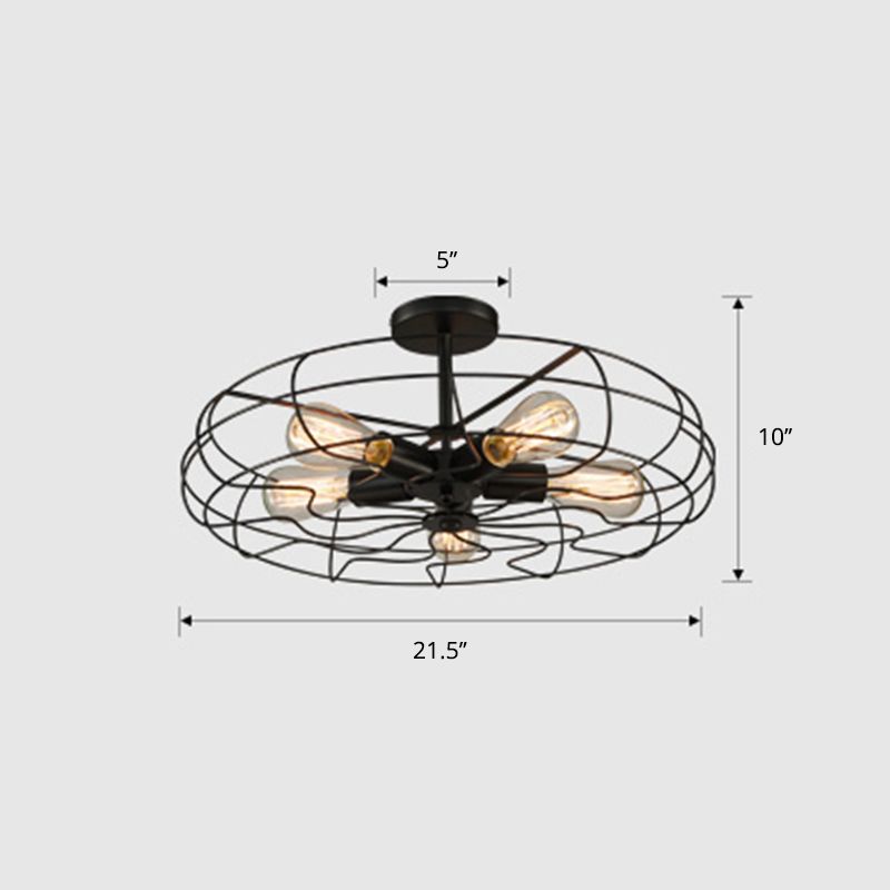 Iron Wire Round Suspension Lamp Industrial 5-Head Bedroom Chandelier Light in Black