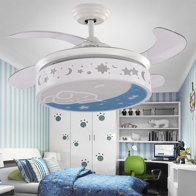 Hedendaagse drumventilator Lamp Metal LED 36 "Wide Kids Slaapkamer 4 Blades Semi Flush Mount in wit met konijn en sterrenpatroon