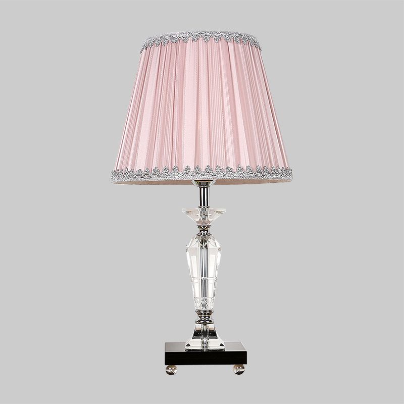 1-Head Bedroom Crystal Table Lighting Contemporary Pink/Blue Nightstand Light with Conical Fabric Shade