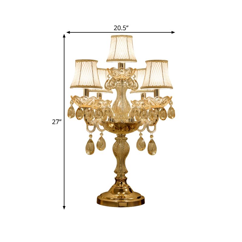 Gold 5/6/7 Bulbs Night Stand Lamp Traditional Clear Crystal Candlestick Table Light with White Bell Fabric Shade