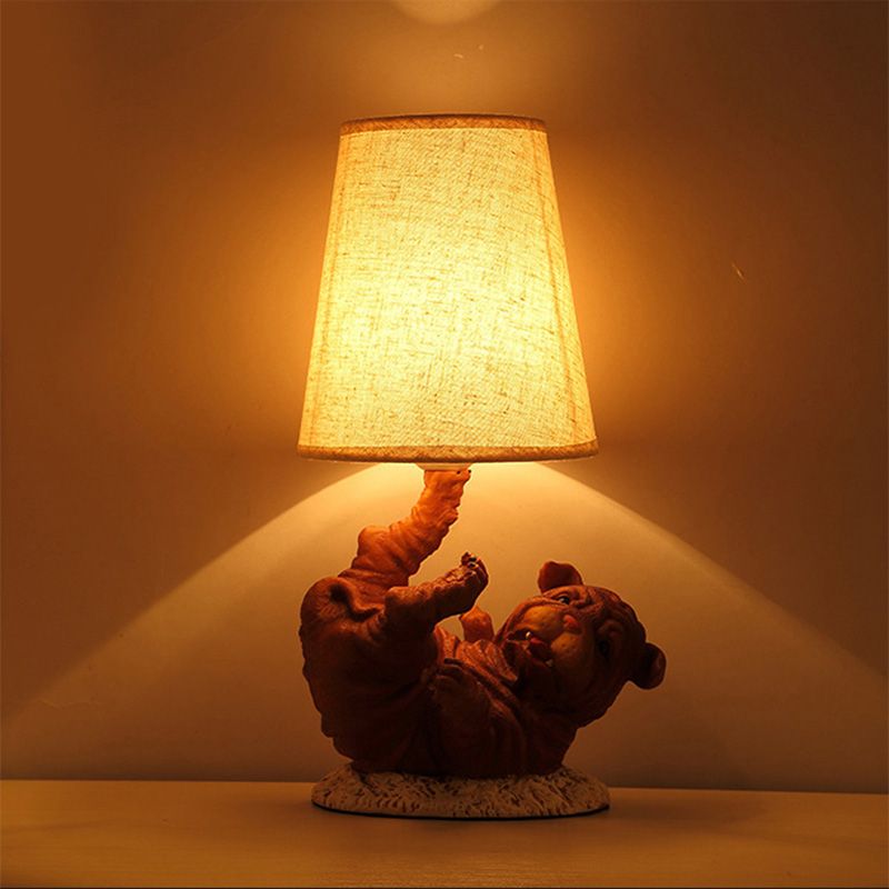 Resin Shar-Pei Dog Table Light Rural 1 Light Bedroom Nightstand Light in Brown with Cone Fabric Shade