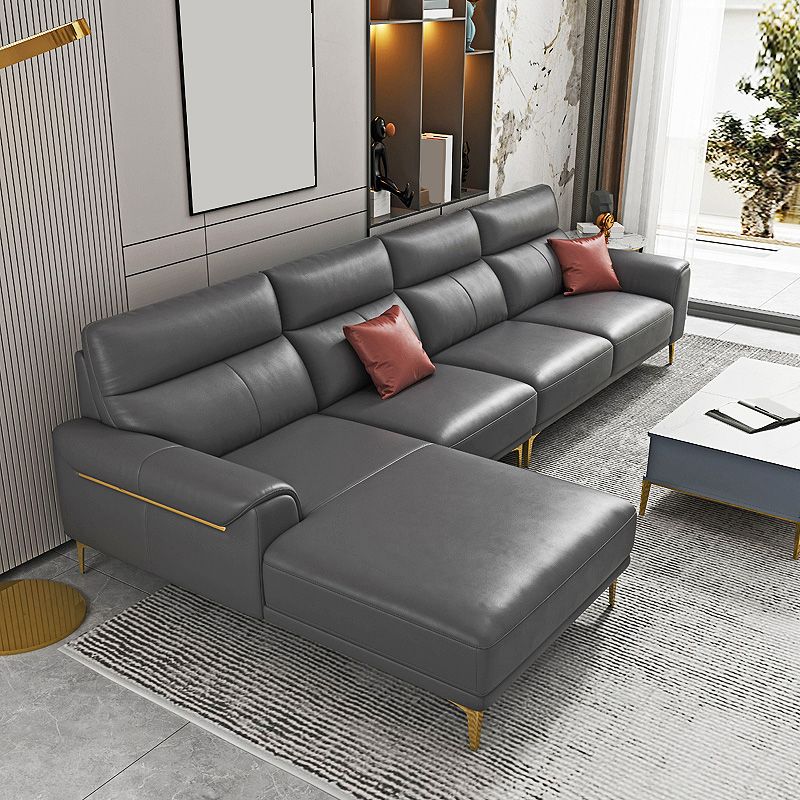 Dark Gray Genuine Leather Sofa and Chaise Pillow Top Arm Sectional for Living Room