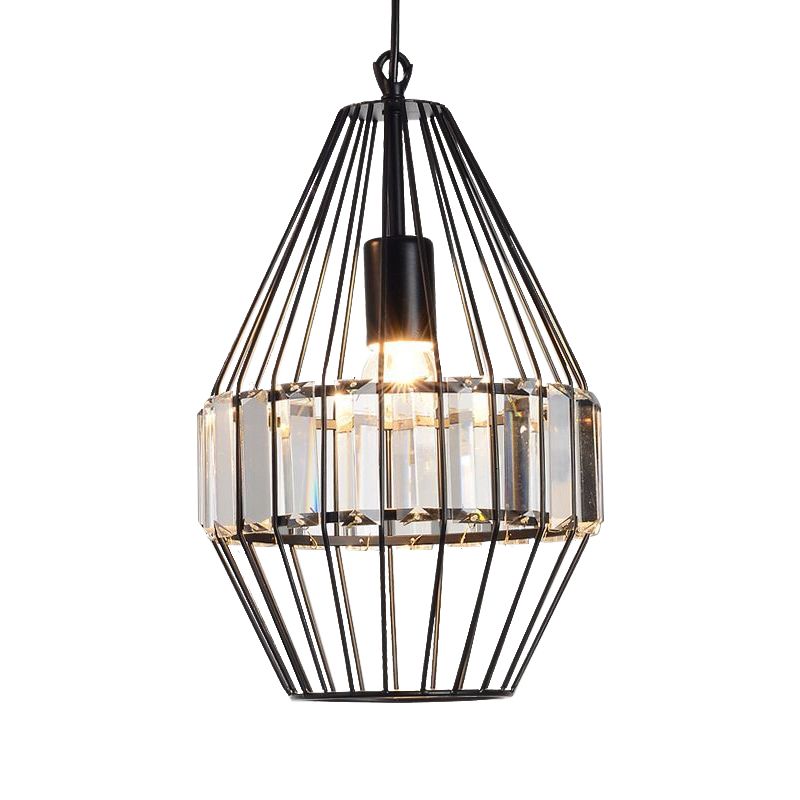 Crystal Block Pendant Ceiling Light Black Geometric Metal Cage Pendant Light