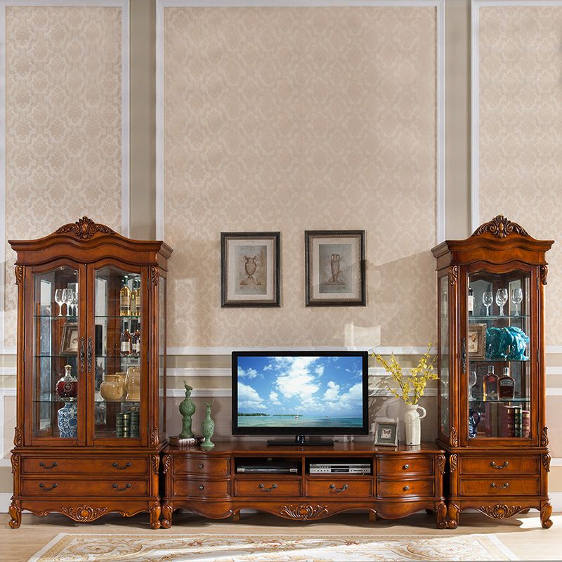 Traditional Glass Doors Curio Cabinet Rubber Wood Display Cabinet for Home