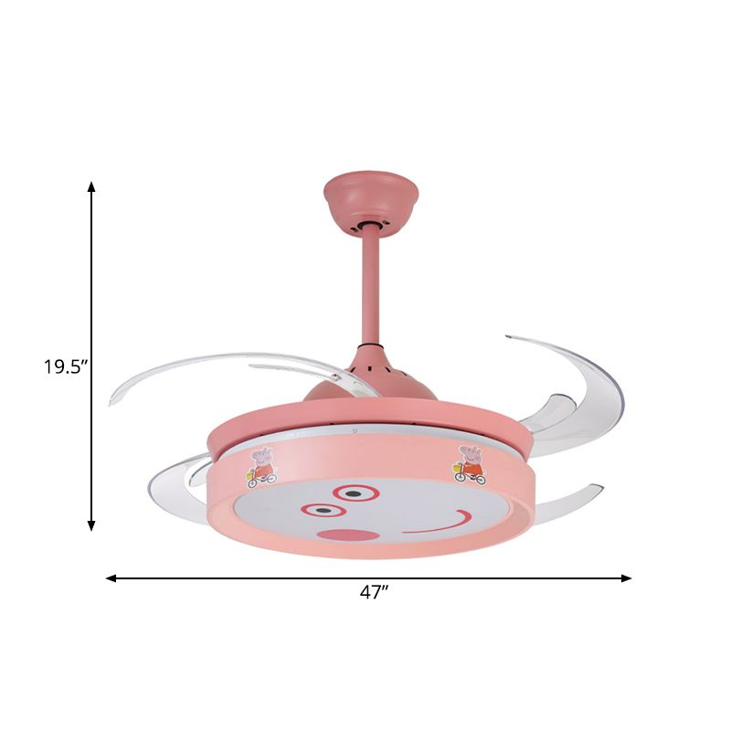 Pink Round 4 Blades Semi Flush Mount Light Kids LED Metallic Hanging Fan Lamp armatuur met cartoonvarkenpatroon, 47 "W