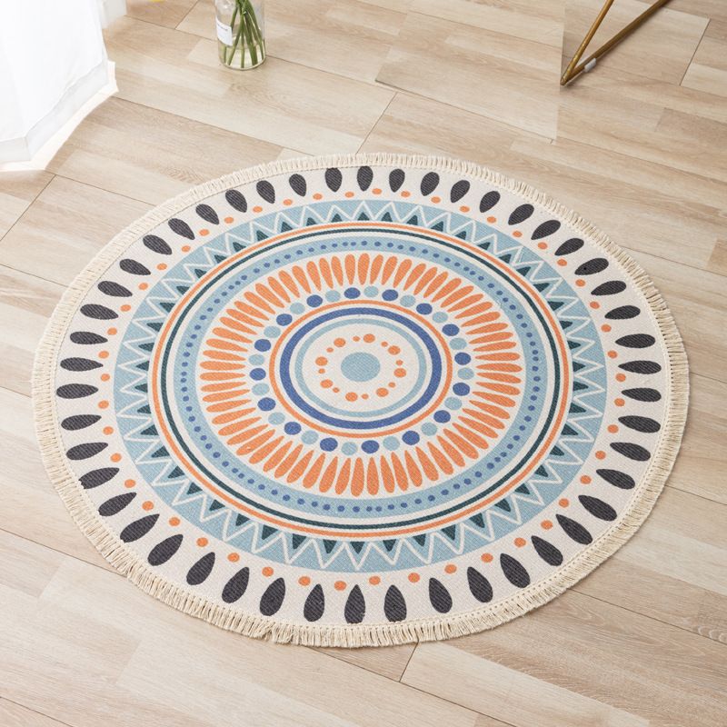 Moroccan Floral Print Rug Multi-Color Carpet with Fringe Cotton Blend Washable Rug for Home Decor