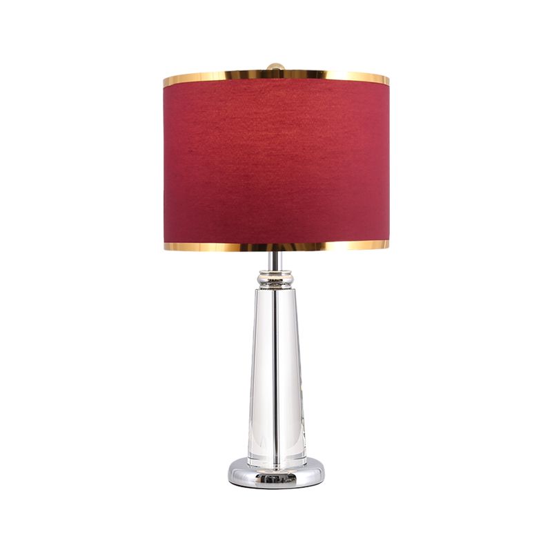 Burgundy Circular Nightstand Lamp Traditional Fabric Shade 1 Bulb Bedchamber Table Light with Crystal Lamp-Post