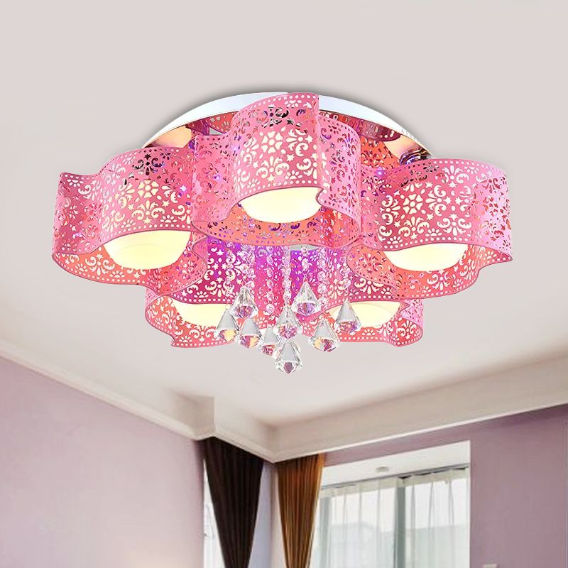 Modernist Etched Flower Ceiling Lamp Crystal 3/5 Lights Ceiling Lamp with Opal Glass Ball Shade in Pink/White