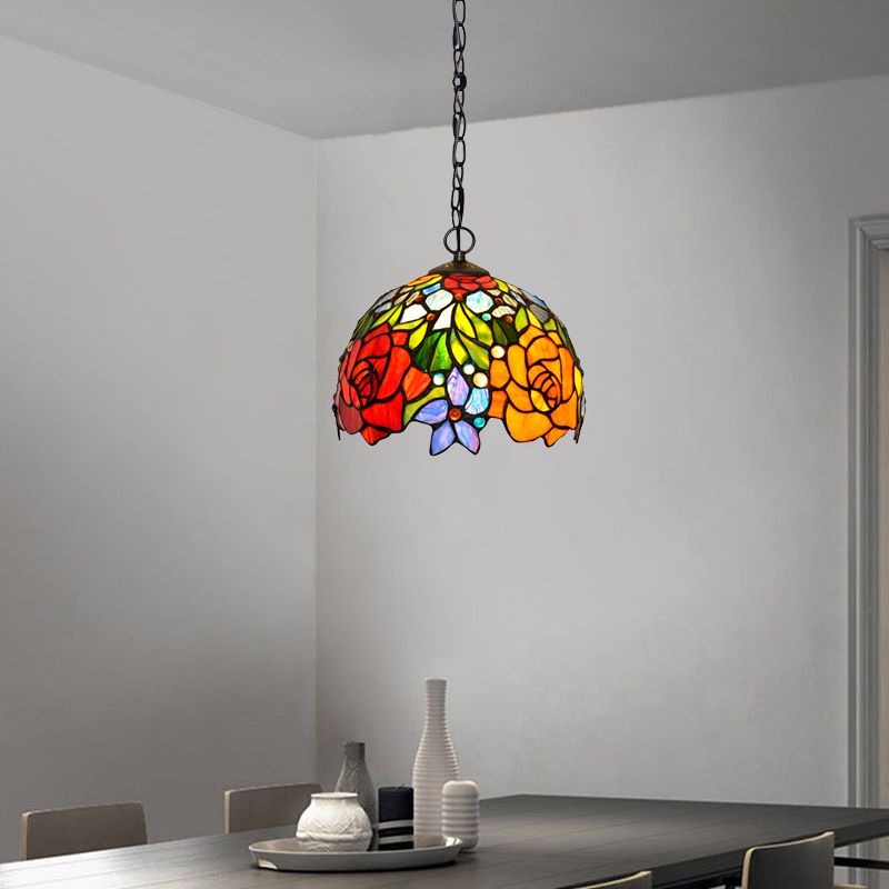 Victorian Floral Chandelier Lamp 1/2/3 Lights Red Cut Glass Pendant Light Fixture for Kitchen, 10"/12"/16" Wide