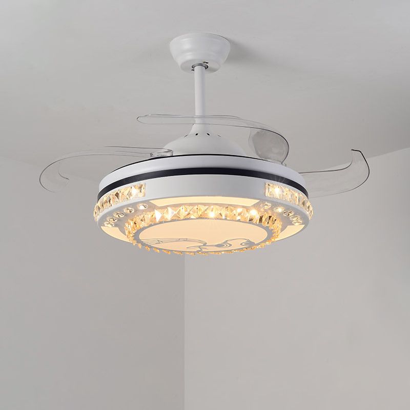 LED Round Pendant Fan Lamp Modern White Clear Crystal Blocks Semi Flush with 4 Blades, 21.5" Wide