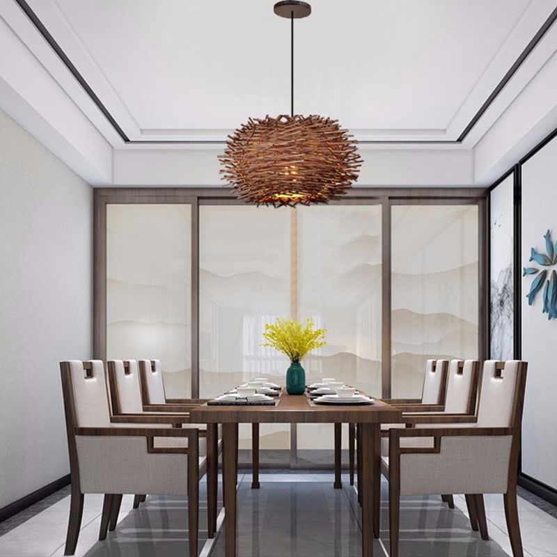 Nid d'oiseau contemporain Light Light Roard Rattan Single Restaurant Suspension Light in Wood