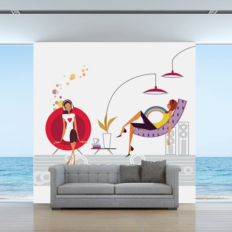 Stylish Girls Leisure Time Murals Red and White Water Resistant Wall Decoration for Bedroom